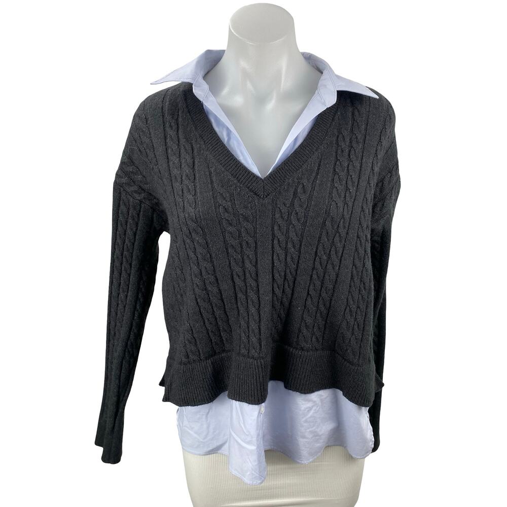 Women's Black Cable Knit Layered Shirt Long Sleeve V Neck Sweater Top Size M